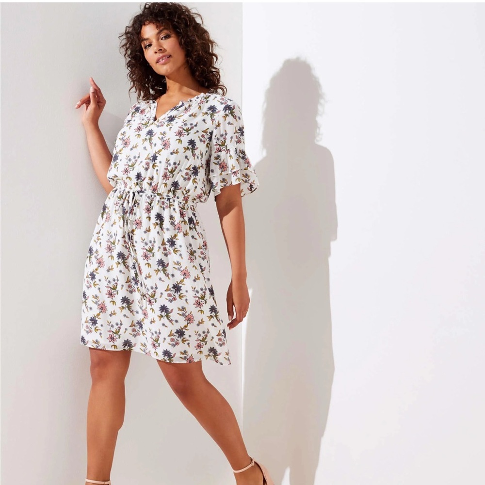 LOFT White Floral Midi Dress with V-Neck